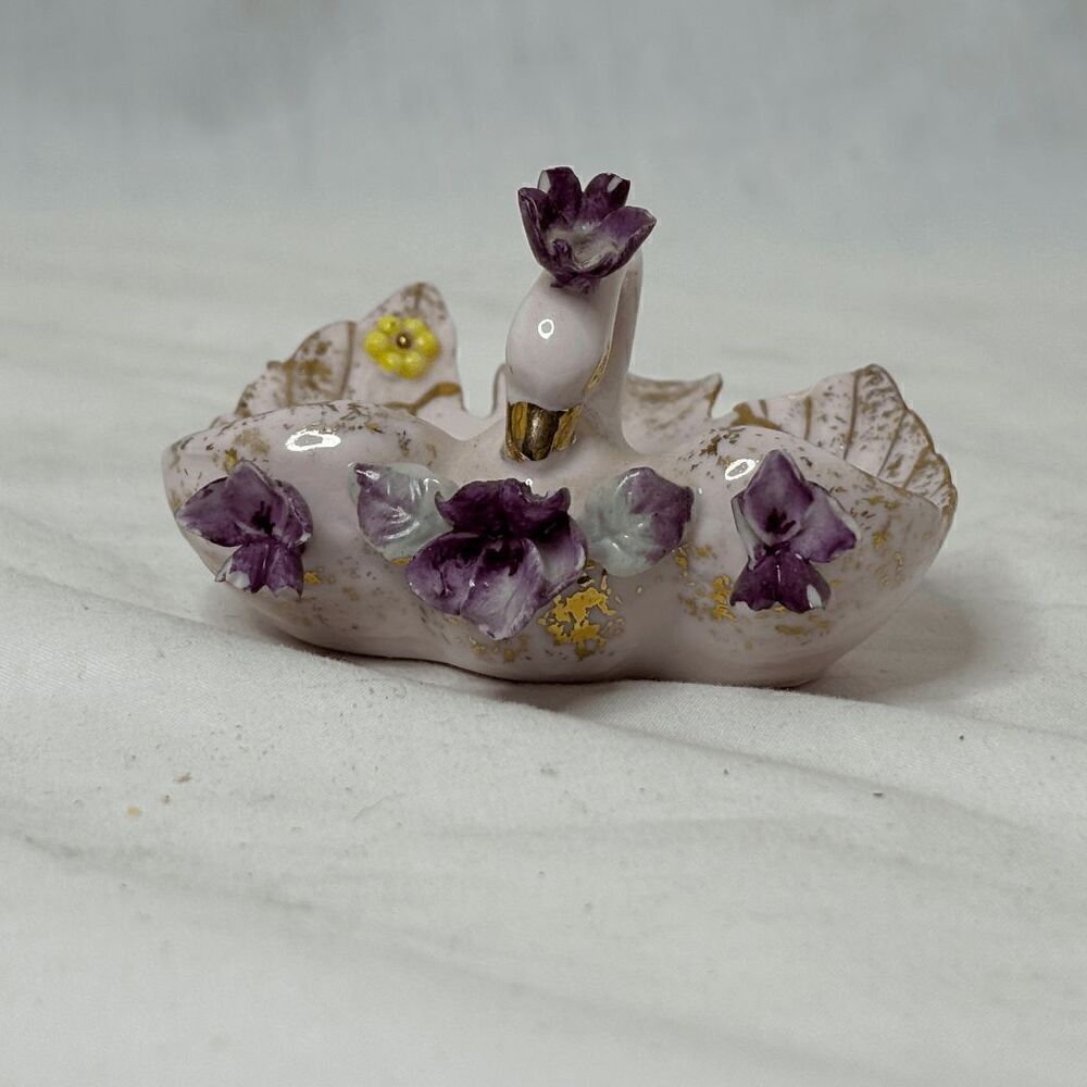 Vintage Lefton Porcelain White Gilded Gold Swan Trinket Dish Roses BEAUTIFUL